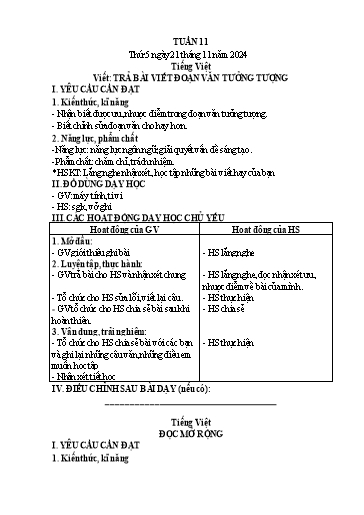 Kế hoạch bài dạy Lớp 4 - Tuần 11 (Thứ 5, 6) - Năm học 2024-2025 - Hà Thị Mỹ Hướng