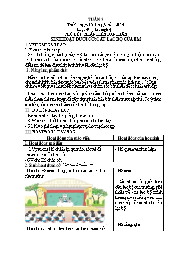 Kế hoạch bài dạy Lớp 4 - Tuần 2 (Thứ 2, 3, 4) - Năm học 2024-2025 - Cao Thị Thủy