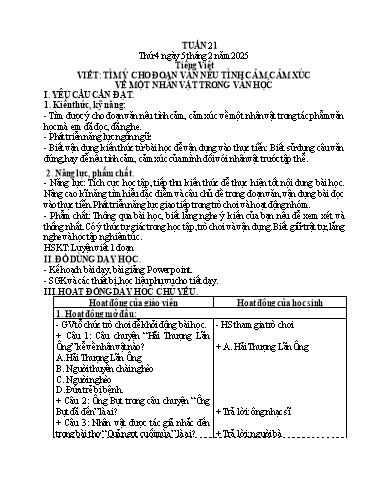 Kế hoạch bài dạy Lớp 4 - Tuần 21 (Thứ 4) - Năm học 2024-2025 - Hà Thị Mỹ Hướng
